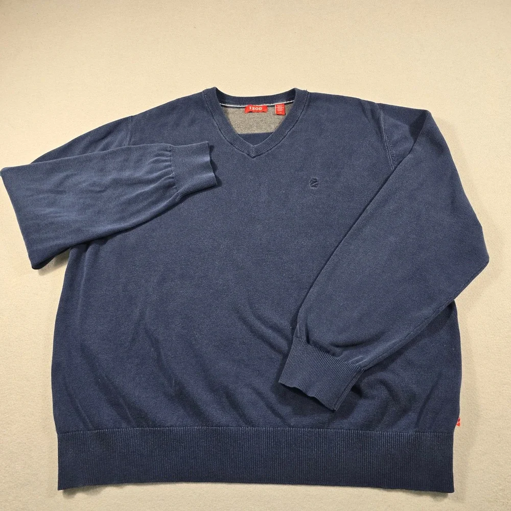 IZOD Mens Large Blue Sweater V-Neck Pullover Long Sleeve Cotton Knit